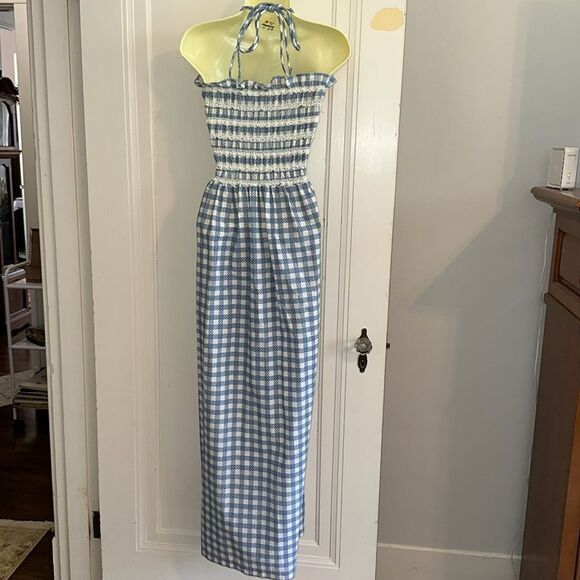 Vintage 70s Teen Girl Blue and White Gingham Halter Smocked Bodice Maxi Dress - Picture 5 of 8